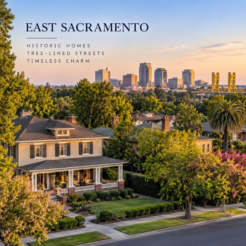 Tree-lined East Sacramento street with the downtown skyline